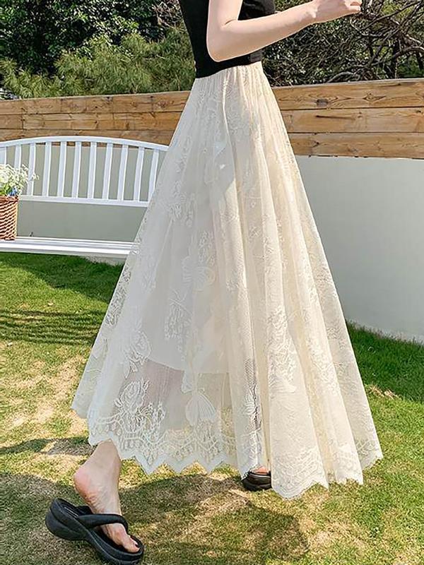 Women's Butterfly & Floral Lace Sheer A Line Skirt, Elegant Fashion Casual Long Skirt for Daily Wear Vacation Holiday, Ladies Bottoms for All Seasons, Vintage Clothing