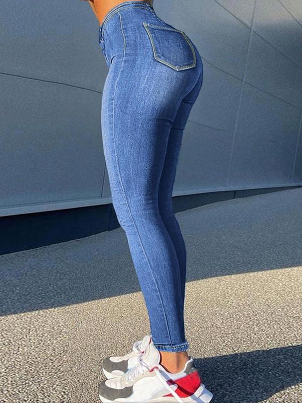 Women's Plain High Waist Button Fly Skinny Jeans, Casual Comfy Pocket Design Denim Jeans for Daily Wear, Ladies Bottoms for All Seasons