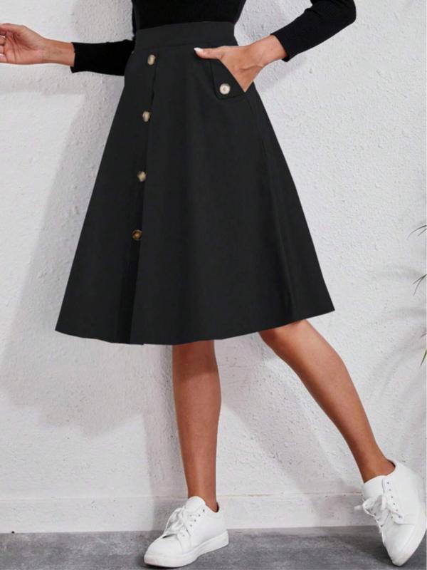 Women's Solid Fake Buttons Pocket A Line Skirt, Elegant High Waist Long Skirt for Work Office Business, Ladies Bottoms for All Seasons