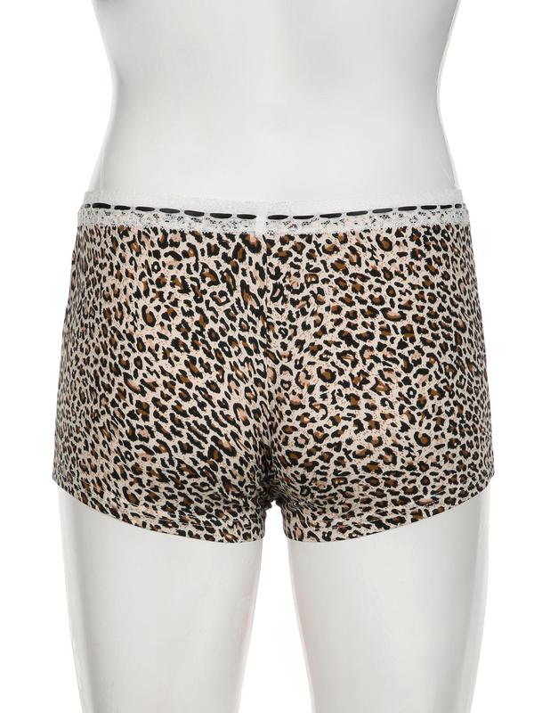Women's Leopard Print Contrast Lace Tie Front Shorts, Casual Comfy Drop Waist Shorts for Summer, Fashion Women's Bottoms for Daily Wear