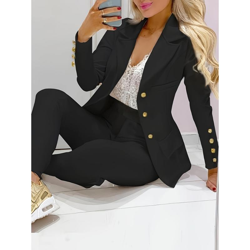 Business Casual Two-piece Set, Double-breasted Lapel Blazer & Slim Pants Outfits, Women's Clothing Collar Fabric Sleeve Suit