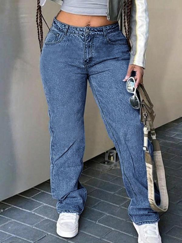 Women's Plain Button Fly Straight Leg Denim Jeans, Casual Pocket Design Trousers for Daily Wear, Ladies Bottoms for All Seasons