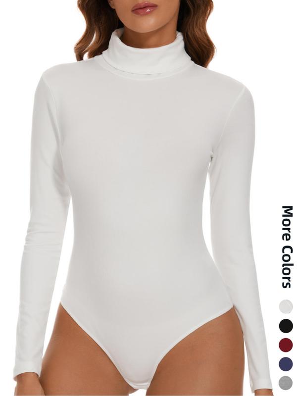 Women's Solid Long Sleeve Thermal Bodysuit, Casual Comfy High Neck Snap Button Warm Bodysuit for Spring & Fall, Women Thermal Underwear for Daily Wear