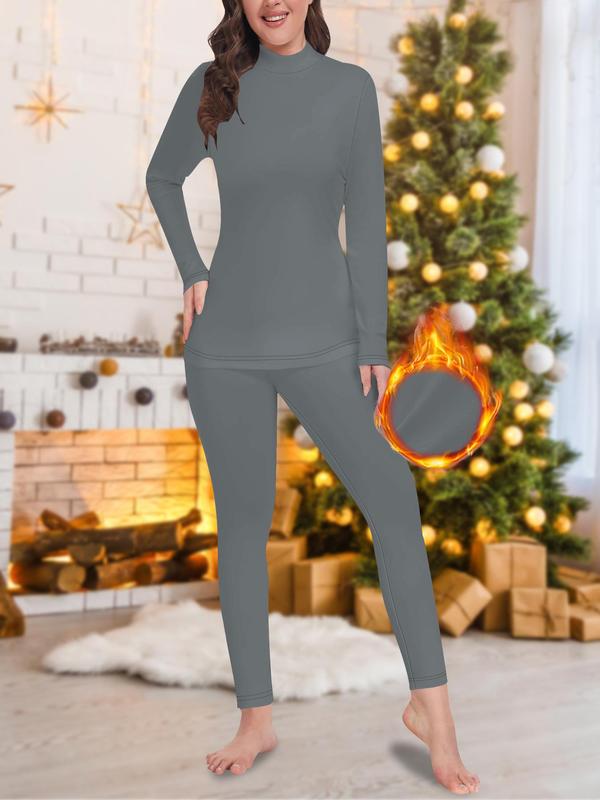 Two-piece Set Women's Solid Color Thermal Underwear Set, Casual Comfy Warm Long Sleeve Top & Leggings for Fall & Winter, Women's Sleepwear for Indoor Wear