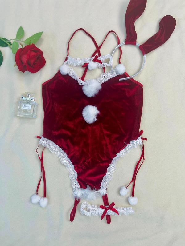 Women's Contrast Lace Pom Pom Decor Crotchless Bodysuit & Bow Decor Choker & Thigh Ring & Rabbit Ear Design Headband Sexy Lingerie Set, Sexy Lingerie Costume, Women's Underwear for Christmas Party