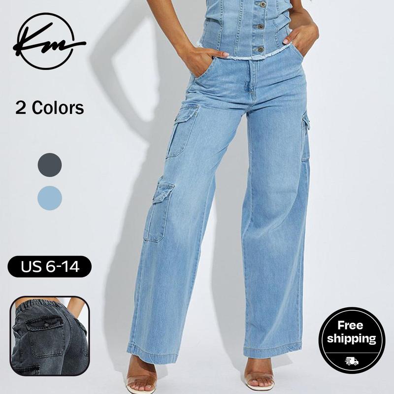 KatchMe Women's Trendy Denim High Waist Wide Leg Cargo Trousers,Multi-Pocket Street Womenswear,Jeans With Cargo Pockets,Versatile Casual Outfits(new)