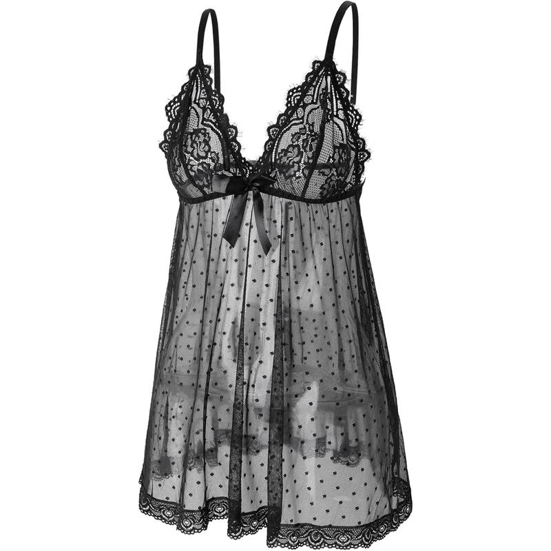 Sexy lingerie Lace Babydoll Chemise, Black, Women's Sleepwear S-5XL