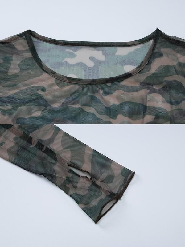 Women's Camo Print Round Neck Semi-sheer Tulle Crop Tee, Casual Long Sleeve Crew Neck T-shirt for Spring & Fall, Fashion Women's Top for Daily Wear, Fall Outfits, Fallfreshness