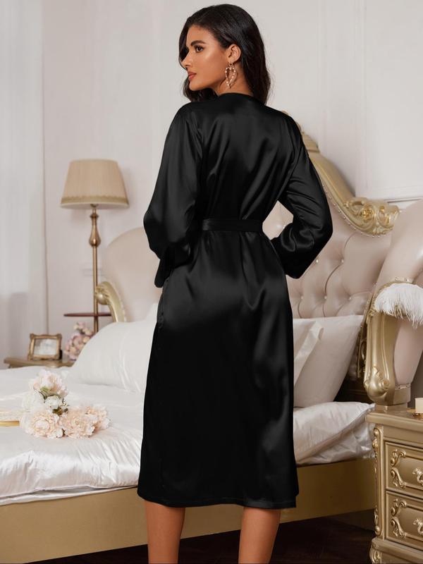 Women's Solid Color Belted Satin Bathrobe, Long Sleeve Dressing Gown, Soft Comfortable Breathable Bathrobe for Women, Women's Sleepwear for Fall & Winter