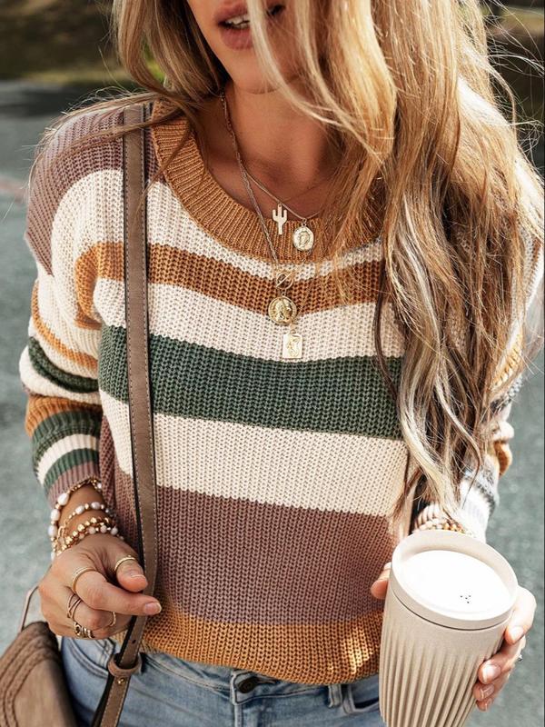 Women's Colorblock Striped Print Drop Shoulder Sweater, Casual Long Sleeve Round Neck Jumper for Daily Outdoor Wear, Ladies Knitwear for All Seasons Fall Sweaters