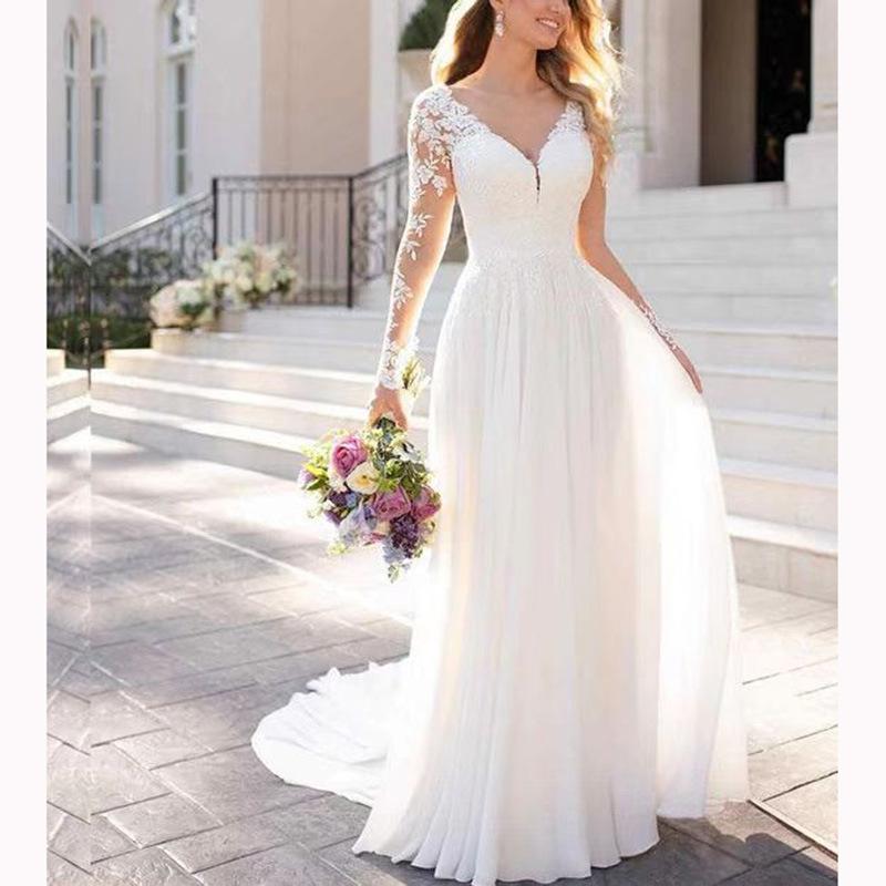 58-HS3494 Wedding dress trailing V-neck long-sleeved lawn wedding travel pat backless lace light wedding dress