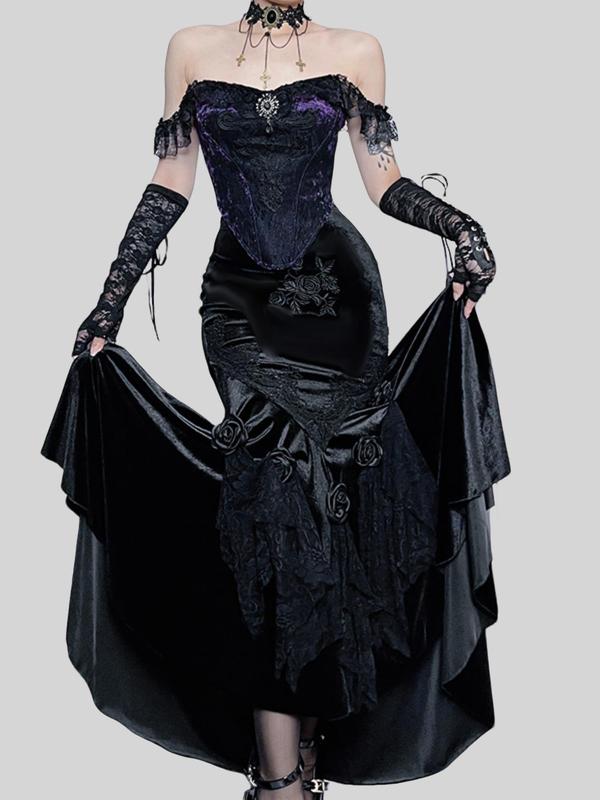 Women's Floral Embroidery Contrast Lace Mermaid Skirt, Punk Style Flower Decor Long Skirt for Party Holiday Costume, Ladies Fall & Winter Clothes