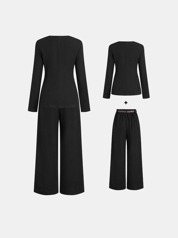 YOZY Two-Piece Set Women's Solid Color Button Front Jacket & Plicated Wide Leg Pants, Long Sleeve Round Neck Outerwear & Pocket Belted Trousers for Work Office Business, Ladies Spring & Fall Clothes