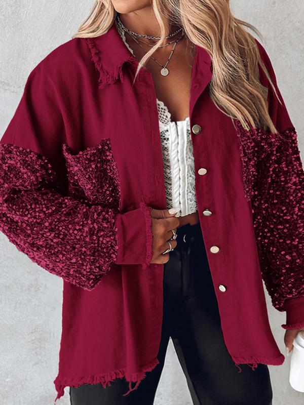  Contrast Sequin Raw Hem Button Front Shirt Jacket, Casual Long Sleeve Collared Pocket Outerwear for Fall & Winter, Women's Clothes for Daily Wear
