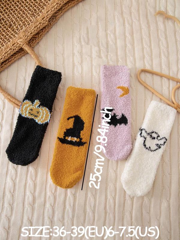 Women's Cartoon Print Crew Socks, Casual Halloween Themed Soft Comfortable Fuzzy Socks for Fall & Winter, Women's Socks for Daily Wear