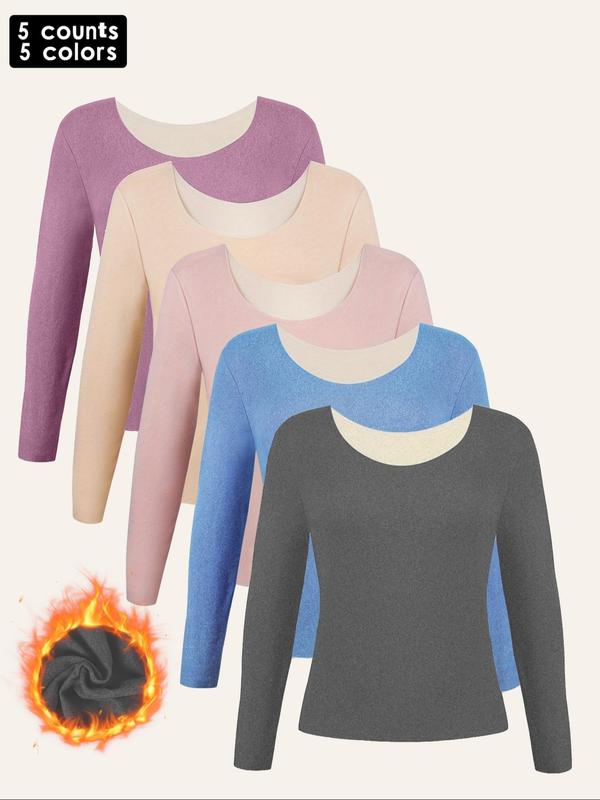 Women's Solid Thermal Lined Underwear Top, Casual Comfy Warm Round Neck Long Sleeve Top for Fall & Winter, Women's Underwear for Daily Wear