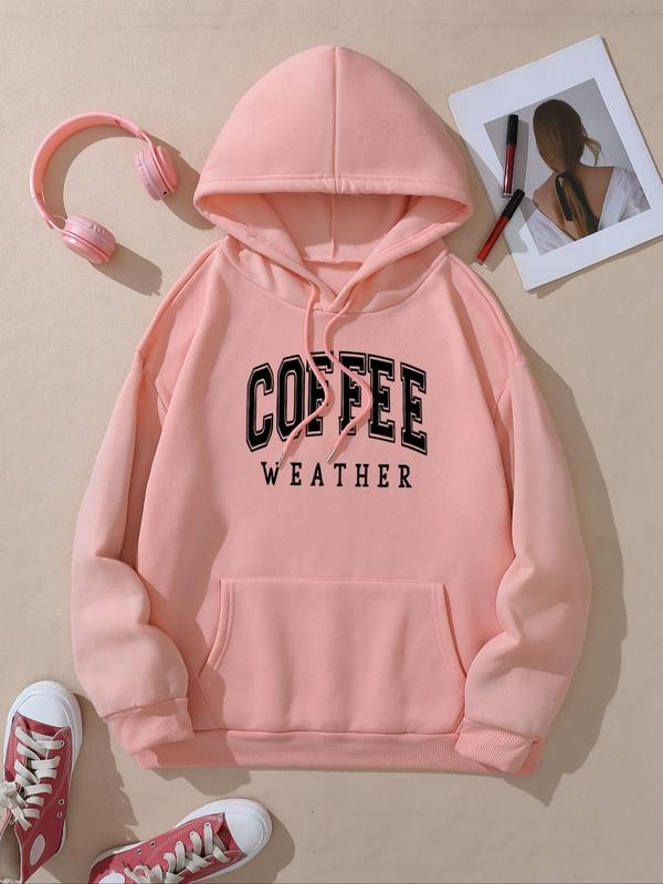 Women's Letter Print Drop Shoulder Thermal Lined Hoodie, Fashion Casual Drawstring Pocket Hooded Sweatshirt for Daily Holiday Outdoor Wear, Women Clothing for Fall & Winter