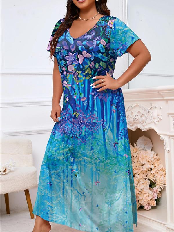  Floral Print V Neck Split Nightdress, Casual Soft Comfortable Short Sleeve Nightgown for Women, Women's Sleepwear for All Seasons
