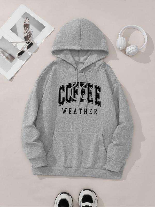 Women's Letter Print Drop Shoulder Thermal Lined Hoodie, Fashion Casual Drawstring Pocket Hooded Sweatshirt for Daily Holiday Outdoor Wear, Women Clothing for Fall & Winter