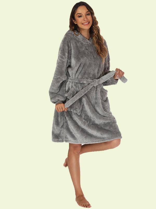 Women's Solid Drop Shoulder Belted Hooded Flannel Lounge Robe, Casual Long Sleeve Pocket Design Bathrobe, Ladies Fall & Winter Sleepwear