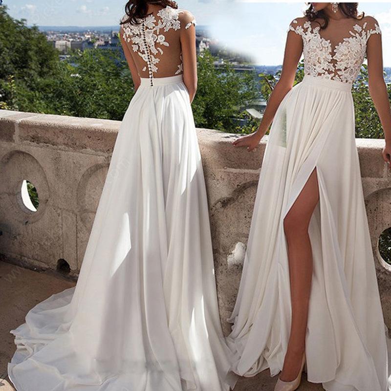 2024 Cross-Border New Arrival Foreign Trade European and American Wedding Dress Wish Sexy Lace Split Evening Long Dress