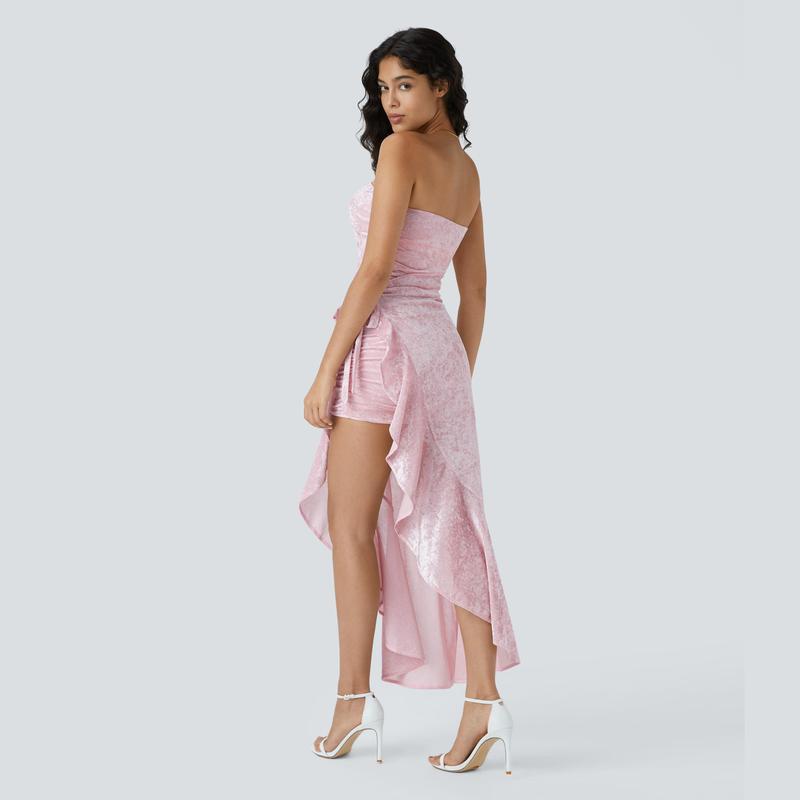 Halara Sheer Tube Ruched Ruffle Trim Wrapped Tie Side Velvet Bodycon Maxi Party Dress