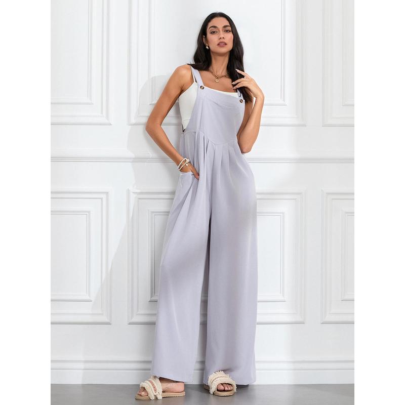 Wide Leg Overalls for Women Sleeveless Jumpsuits Suspender Overalls Casual Loose Solid Baggy Long Rompers with Pockets