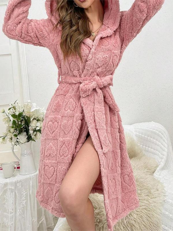 Women's Heart Pattern Belted Fuzzy Hooded Bathrobe, Casual Long Sleeve Dressing Gown, Ladies Sleepwear for Fall & Winter