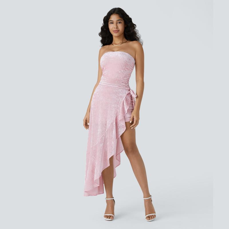 Halara Sheer Tube Ruched Ruffle Trim Wrapped Tie Side Velvet Bodycon Maxi Party Dress