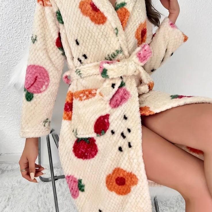 Fruit Print Fuzzy Night Robe, Warm Long Sleeve Robe With Belt & Pockets, Women's Sleepwear