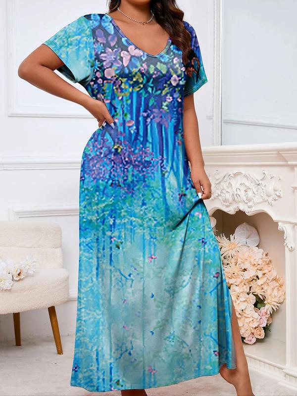  Floral Print V Neck Split Nightdress, Casual Soft Comfortable Short Sleeve Nightgown for Women, Women's Sleepwear for All Seasons