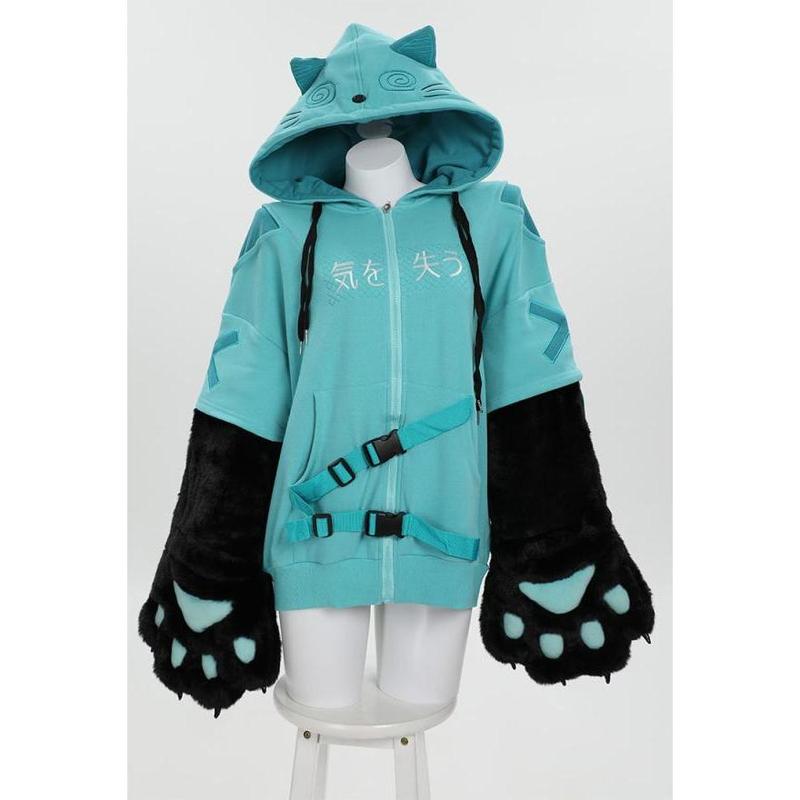 Micotaku Black Blue Dizzy Kitten Furry Paw Zip-up Hoodie