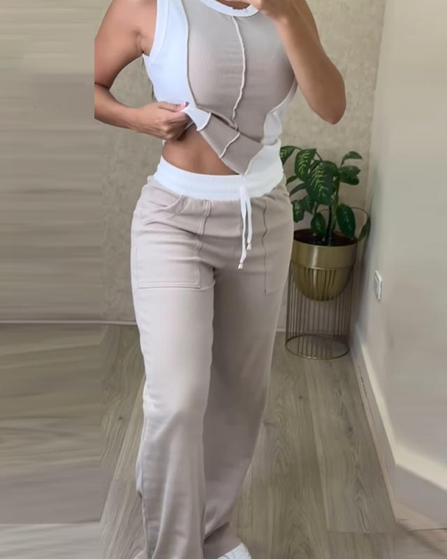 ChicMe Women's 2 Piece Loungewear Set Colorblock Tank Top and Straight Leg Pocket Design Pants Tracksuit Casual Outfits Sleeveless Womenswear