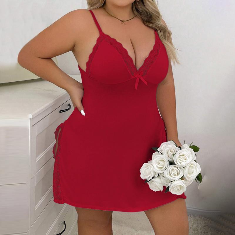 Chicme Plus Size Bowknot Decor Lace Patch Slit Sleep Dress