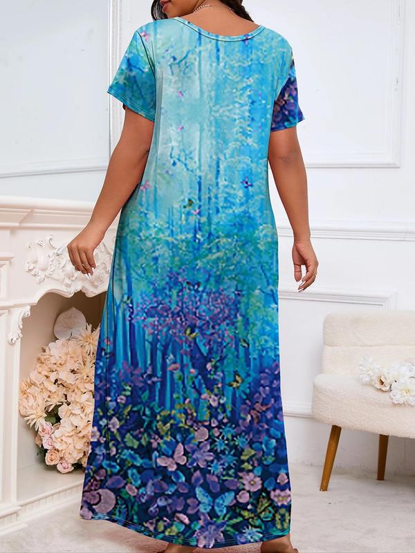  Floral Print V Neck Split Nightdress, Casual Soft Comfortable Short Sleeve Nightgown for Women, Women's Sleepwear for All Seasons