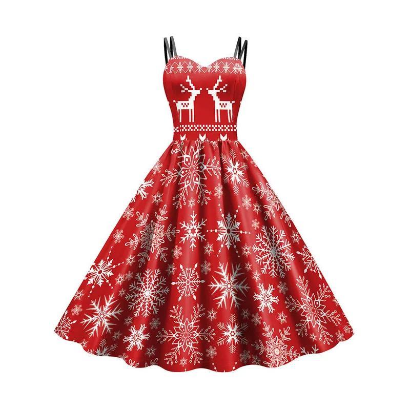 Women Christmas Cosplay Costumes Vintage Holiday Party Elk Snowflake Print Fur Necklace Sexy Spaghetti Strap Dress New Year
