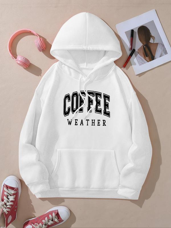 Women's Letter Print Drop Shoulder Thermal Lined Hoodie, Fashion Casual Drawstring Pocket Hooded Sweatshirt for Daily Holiday Outdoor Wear, Women Clothing for Fall & Winter