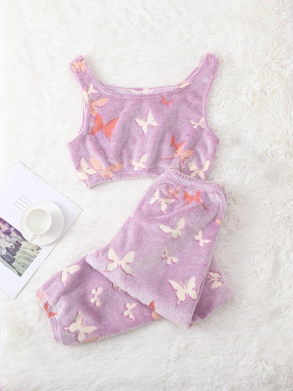 Women's Glow in The Dark Heart & Star Flannel Halloween Pajamas Set, Fluffy Pajamas, Round Neck Sleeveless Crop Tank Top & Elastic Waist Pants Pjs Set, Women's Sleepwear, Fall Cute Wear, Pajama Pants at Gym