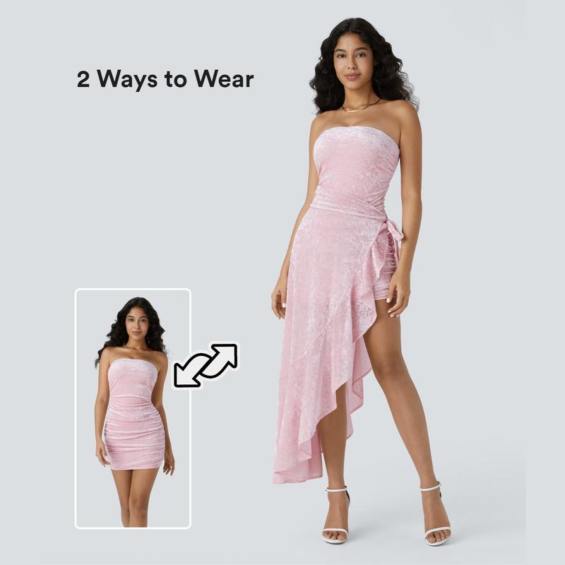 Halara Sheer Tube Ruched Ruffle Trim Wrapped Tie Side Velvet Bodycon Maxi Party Dress
