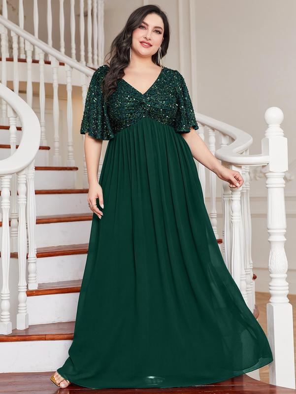 Plus Size Contrast Sequin Butterfly Sleeve Evening Dress, Summer Clothes Women, Elegant Short Sleeve Maxi Dress for Party, Women's Clothing for Summer