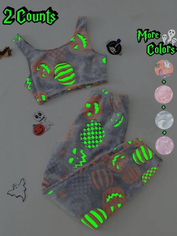 Women's Glow in The Dark Heart & Star Flannel Halloween Pajamas Set, Fluffy Pajamas, Round Neck Sleeveless Crop Tank Top & Elastic Waist Pants Pjs Set, Women's Sleepwear, Fall Cute Wear, Pajama Pants at Gym