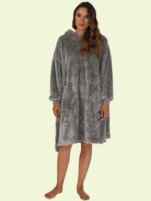 Women's Solid Drop Shoulder Belted Hooded Flannel Lounge Robe, Casual Long Sleeve Pocket Design Bathrobe, Ladies Fall & Winter Sleepwear
