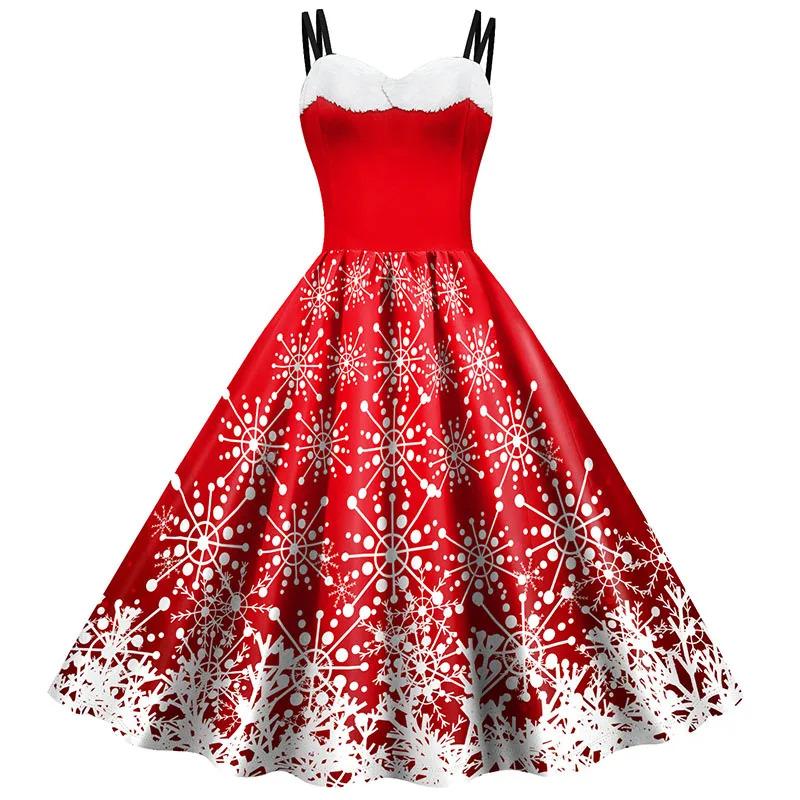 Women Christmas Cosplay Costumes Vintage Holiday Party Elk Snowflake Print Fur Necklace Sexy Spaghetti Strap Dress New Year