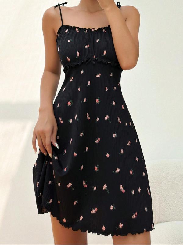 Women's Ditsy Floral Print Tie Shoulder Cami Nightdress, Elegant Spaghetti Strap Frill Trim Sleep Dress, Women's Sleepwear & Loungewear, Summer Wear 2024