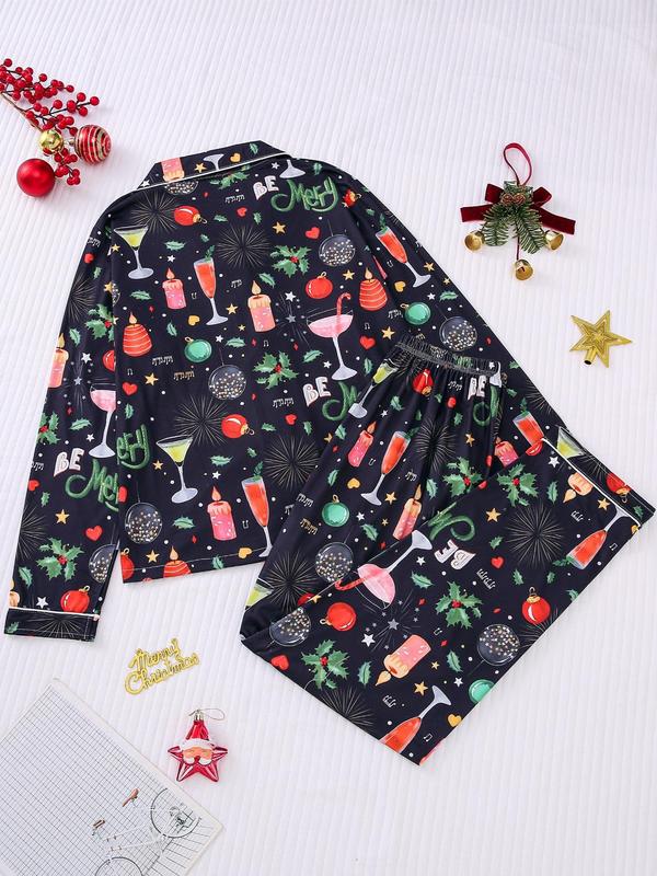 Two-piece Set Women's All Over Christmas Cartoon Print Button Front Pocket Shirt & Elastic Waist Pants Pajama Set, Casual Long Sleeve Lapel Neck Top & Elastic Waist Trousers Pj Set, Ladies Sleepwear for Spring & Fall