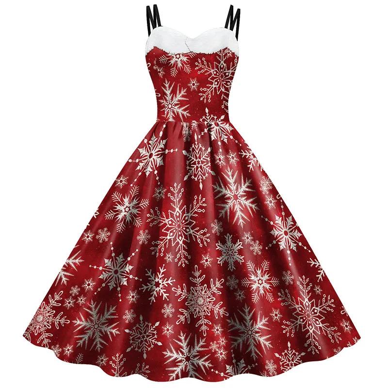 Women Christmas Cosplay Costumes Vintage Holiday Party Elk Snowflake Print Fur Necklace Sexy Spaghetti Strap Dress New Year