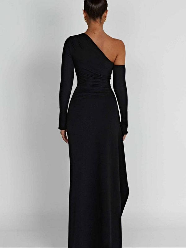 Women's Plain Asymmetrical Split Thigh One Shoulder Dress, Elegant Long Sleeve Dress for Party Club Dating Wear, Ladies Clothes for All Seasons
