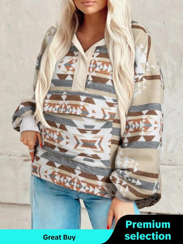 Women's All Over  Print Drop Shoulder Pocket Hoodie, Casual Long Sleeve Stand Collar Pullover for Fall & Winter, Women's Clothes for Daily Wear