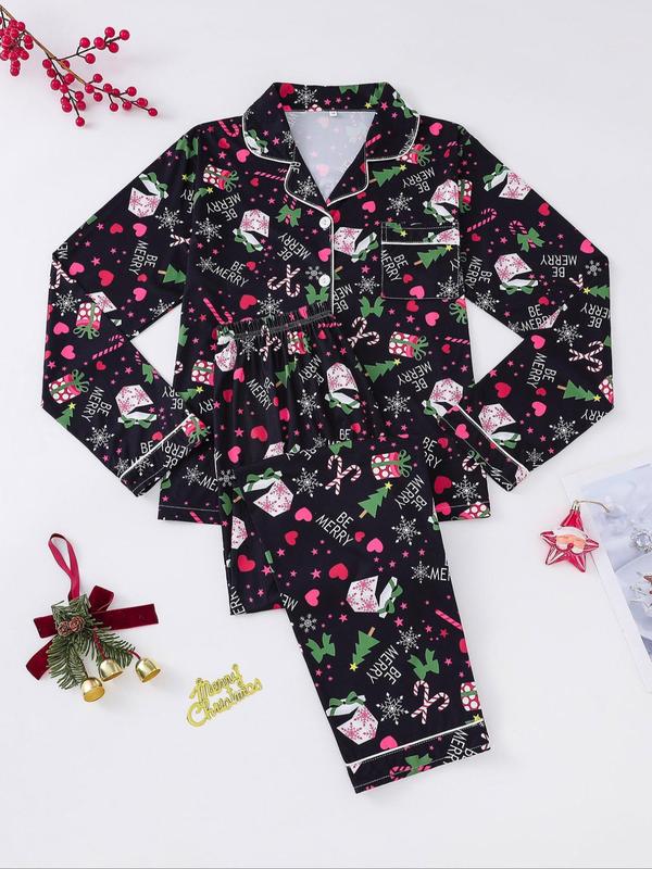Two-piece Set Women's All Over Christmas Cartoon Print Button Front Pocket Shirt & Elastic Waist Pants Pajama Set, Casual Long Sleeve Lapel Neck Top & Elastic Waist Trousers Pj Set, Ladies Sleepwear for Spring & Fall