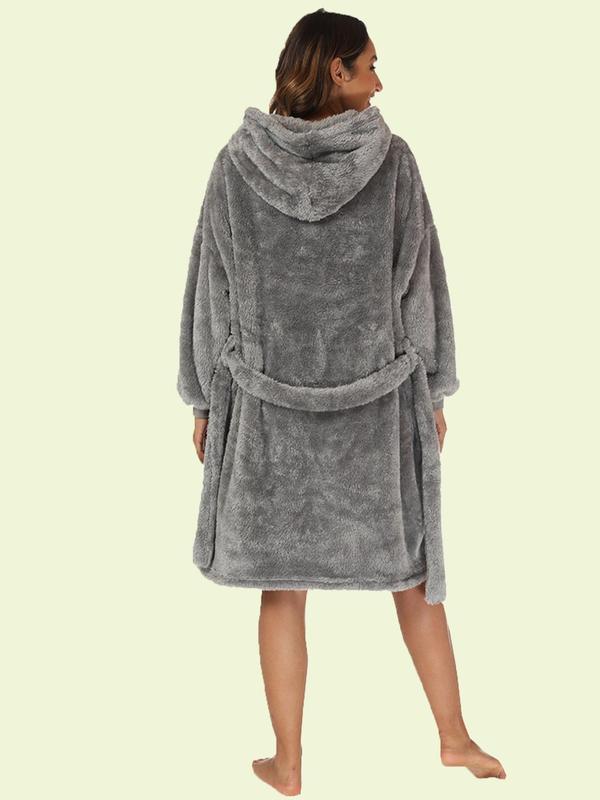 Women's Solid Drop Shoulder Belted Hooded Flannel Lounge Robe, Casual Long Sleeve Pocket Design Bathrobe, Ladies Fall & Winter Sleepwear